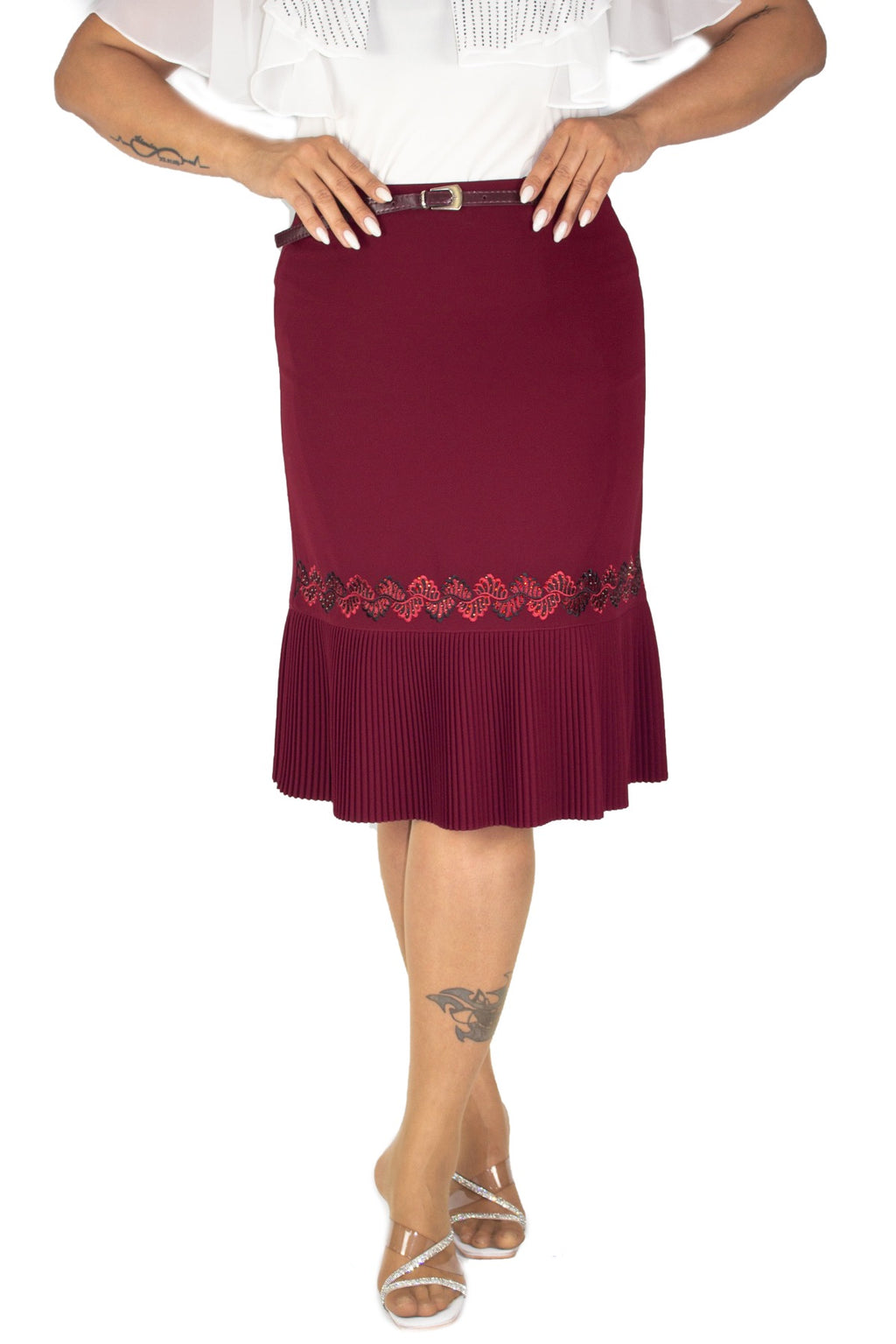 Plus Size Embroidered Pleated-Hem Skirt – Burgundy