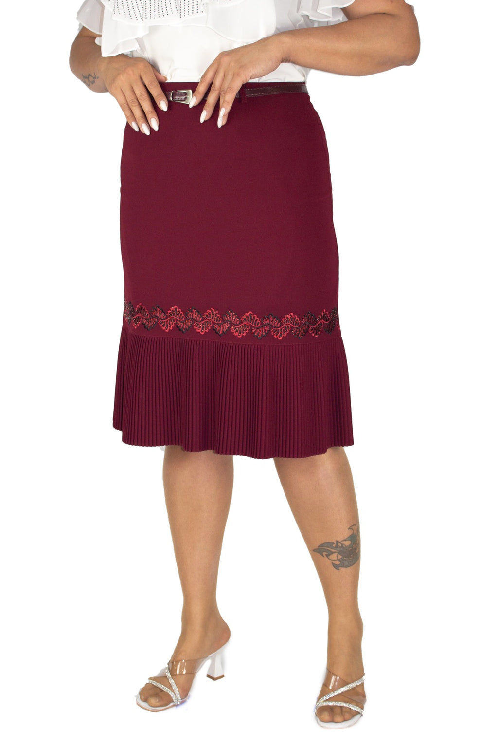 Plus Size Embroidered Pleated-Hem Skirt – Burgundy