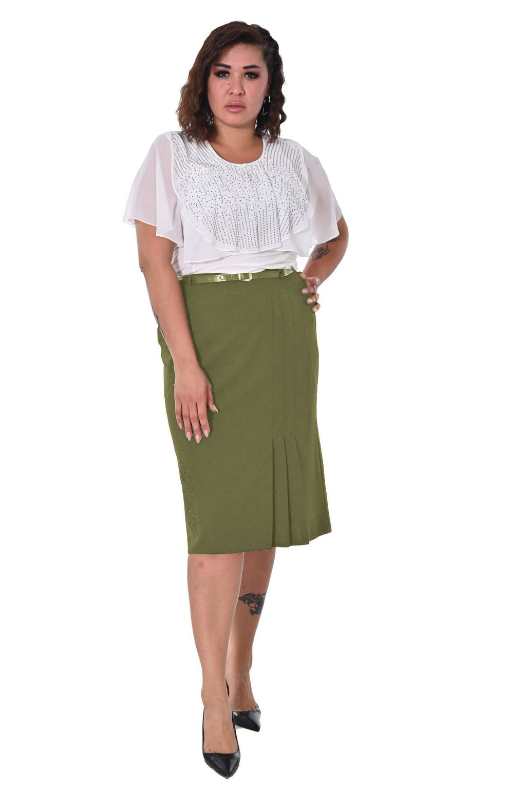 Plus Size Floral Embellished Pleat-Detail Skirt in Khaki – additional product view