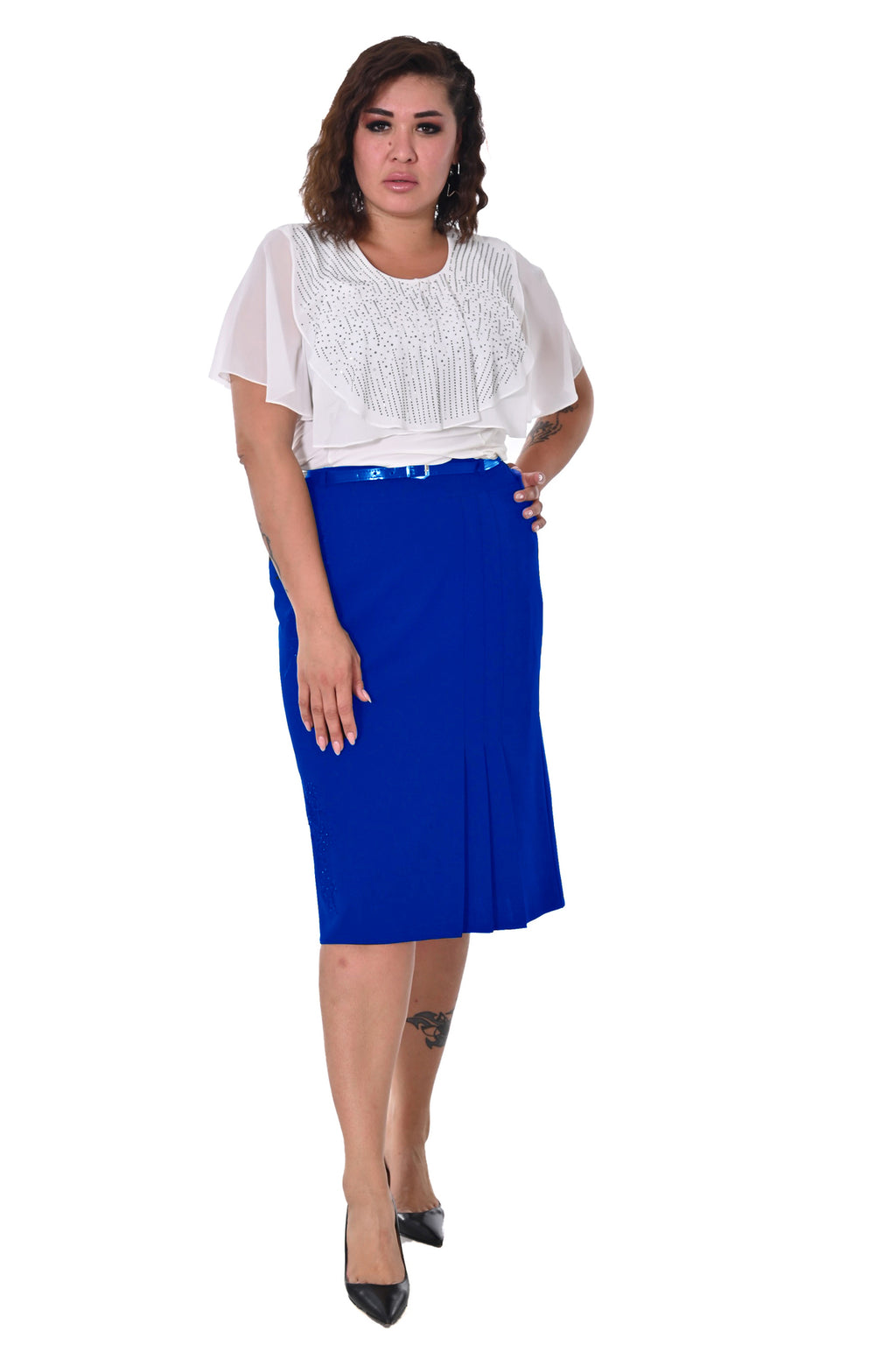 Plus Size Floral Embellished Pleat-Detail Skirt in Royal blue – additional product view
