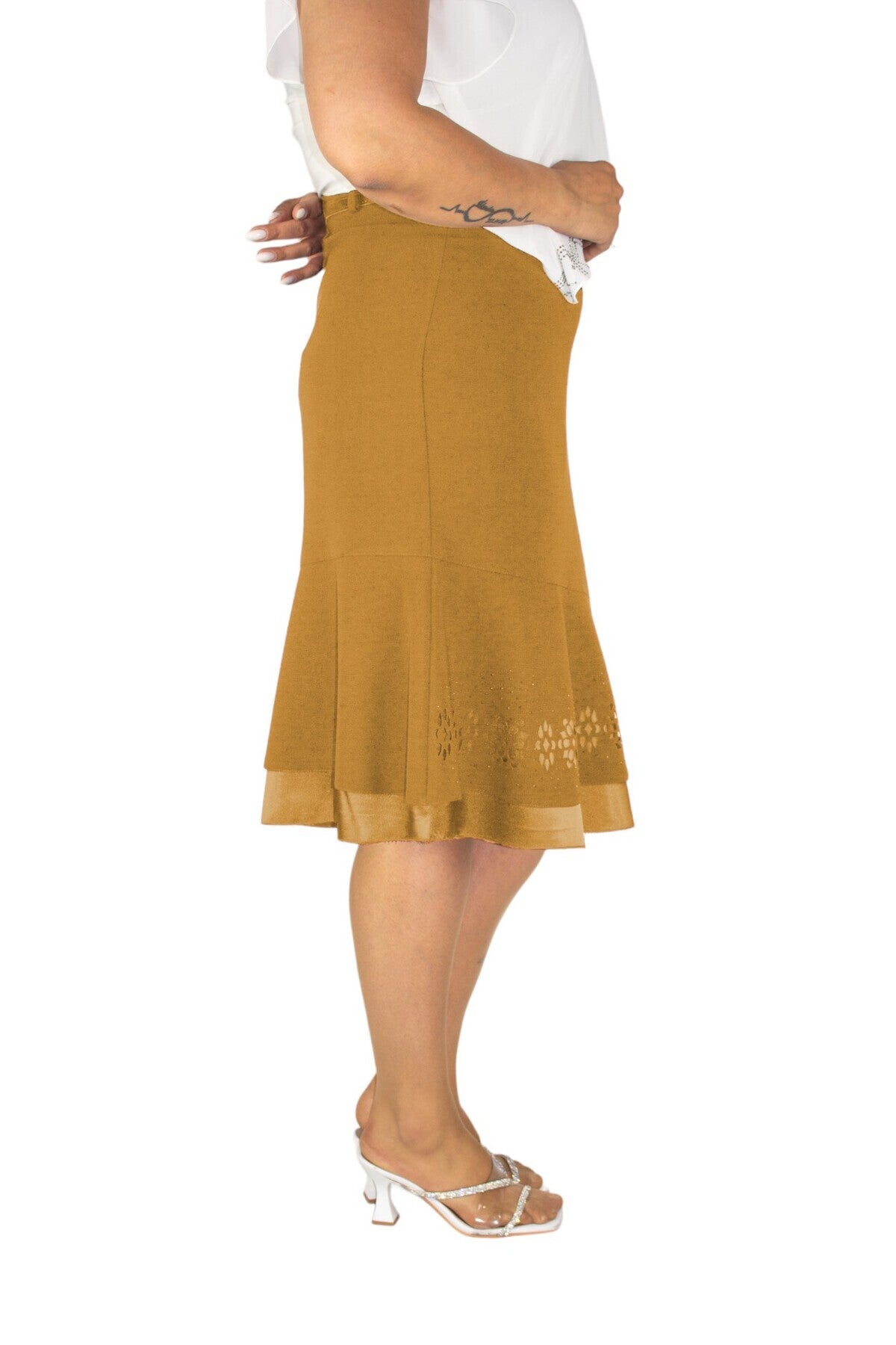 Plus Size Embellished Satin-Flounce Skirt in Mustard – additional product view