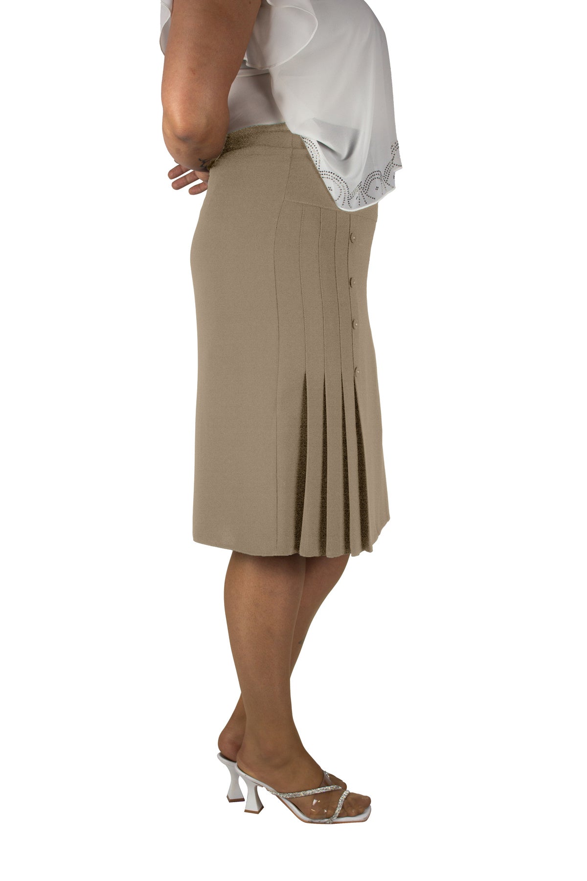 Plus Size Button-Detail Side-Pleat Skirt in Beige – additional product view