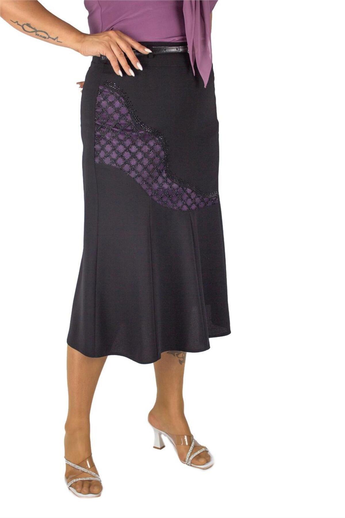 Plus Size Embellished Guipure-Panel Midi Skirt in Black with purple detailing – additional product view