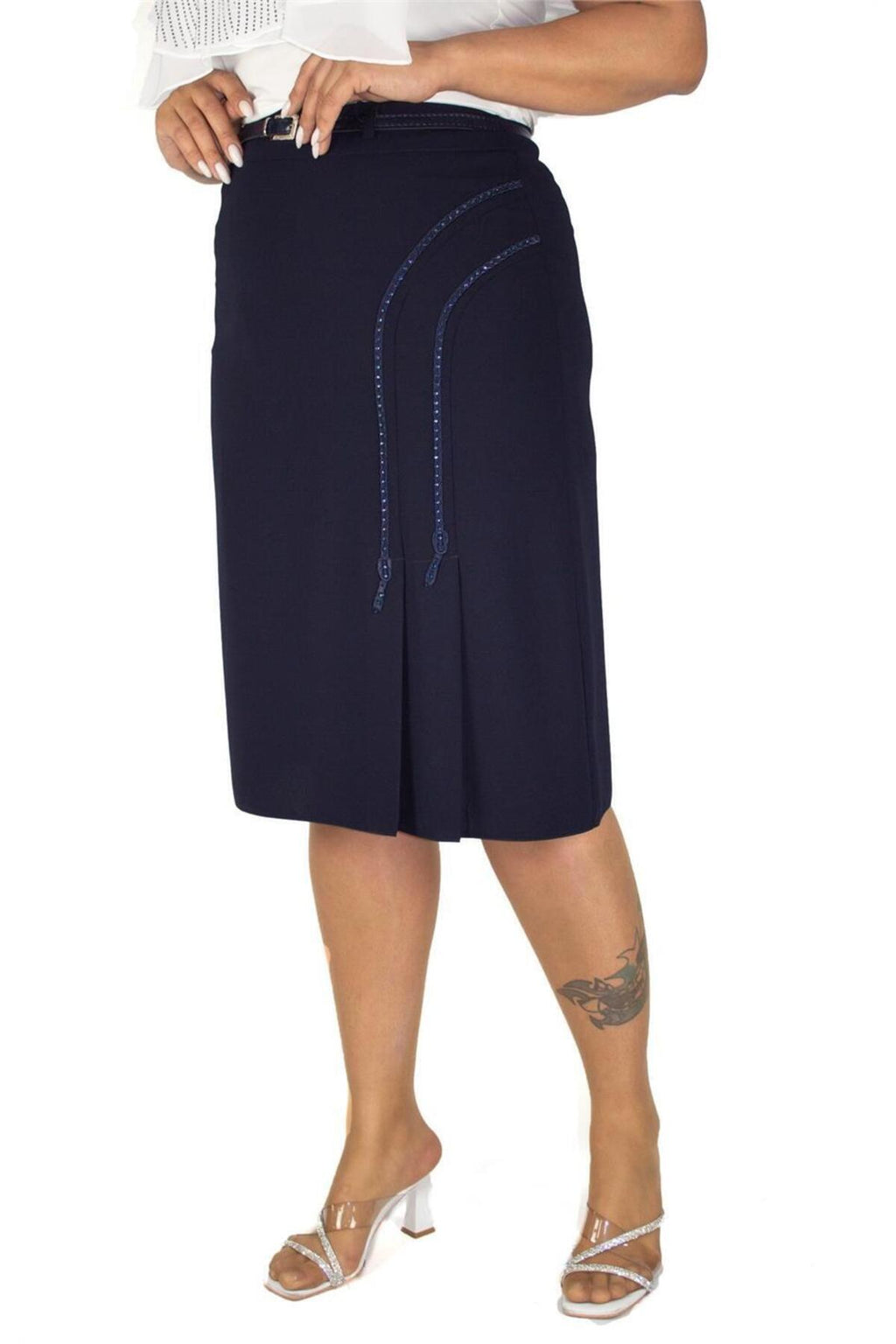 Plus Size Curved Embroidered Pleat-Detail Skirt in Navy – additional product view