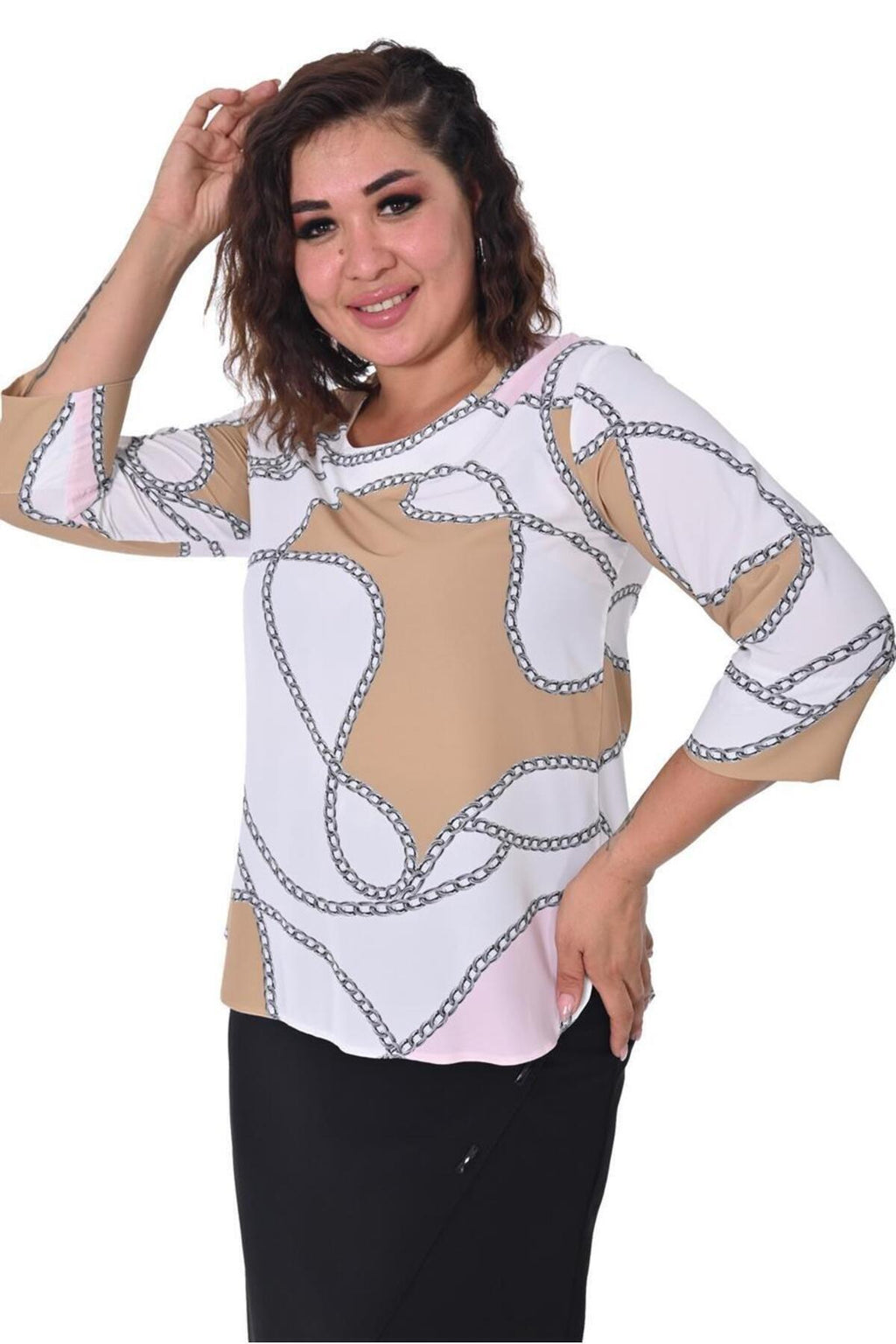 Plus Size Chain-Print Three-Quarter Sleeve Blouse in White with beige and dark chain print – additional product view