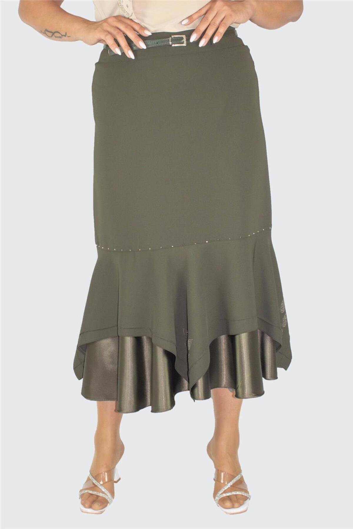 Plus Size Satin-Flounce Embellished Midi Skirt in Khaki – additional product view