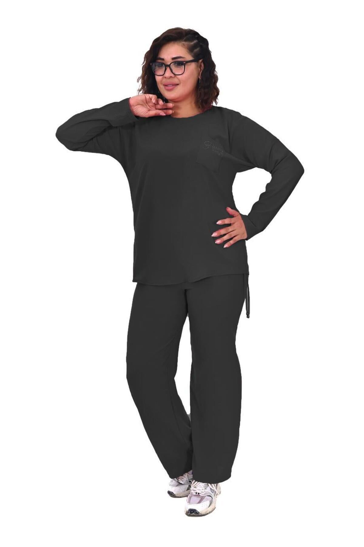 Plus Size Long-Sleeve Embellished Tracksuit in Black – additional product view