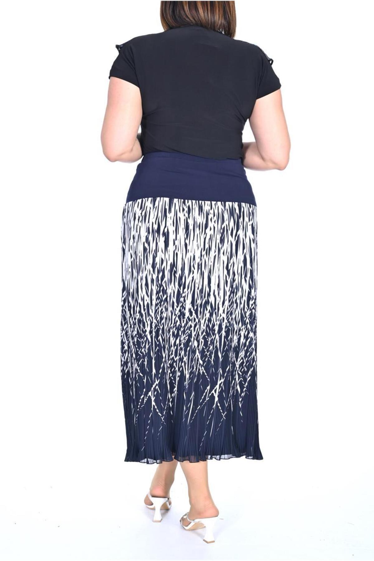 Plus Size Navy Branch-Print Long Chiffon Skirt in Navy with light branch print – additional product view