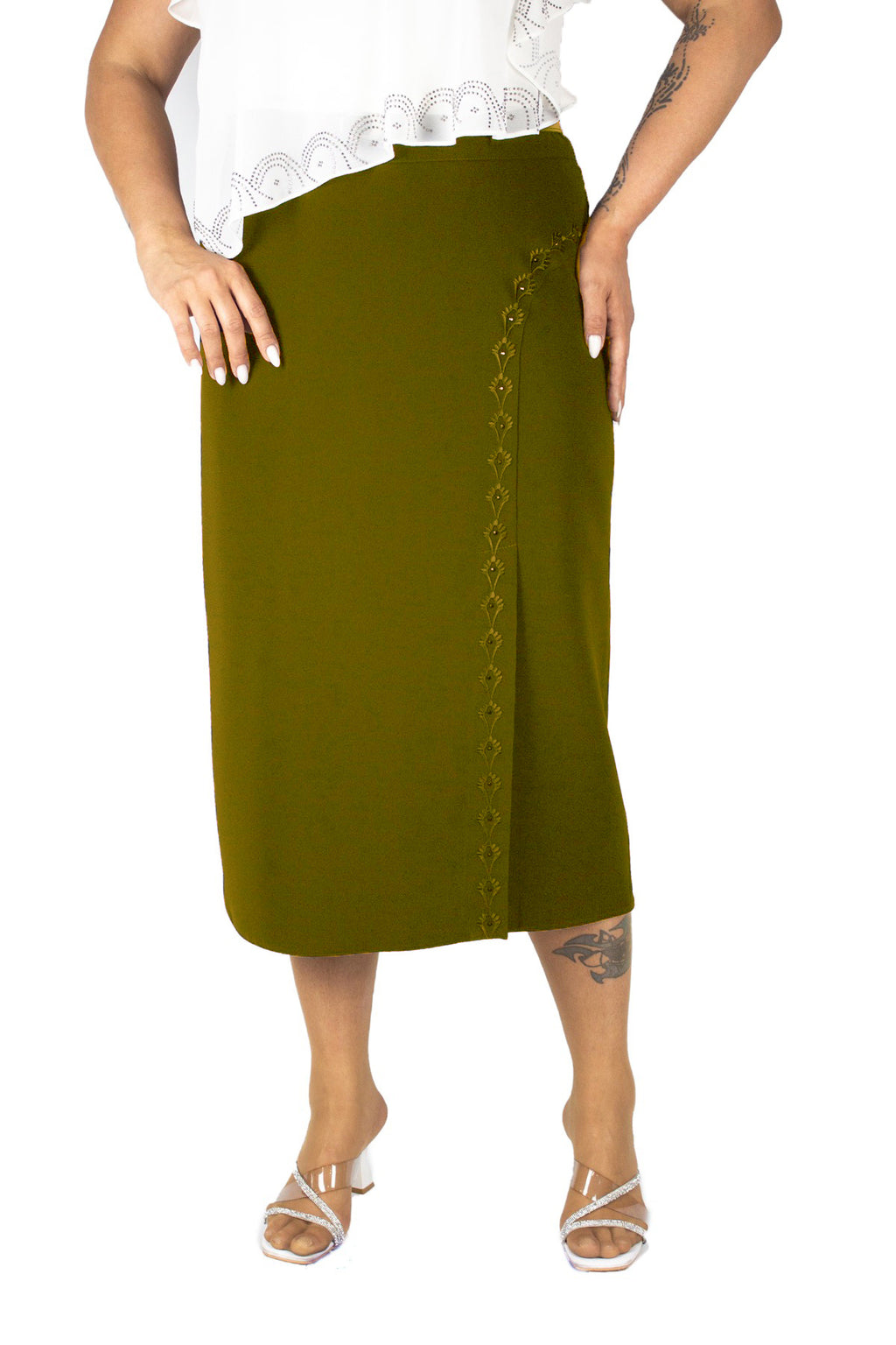 Plus Size Embellished Single-Pleat Midi Skirt in Khaki – additional product view
