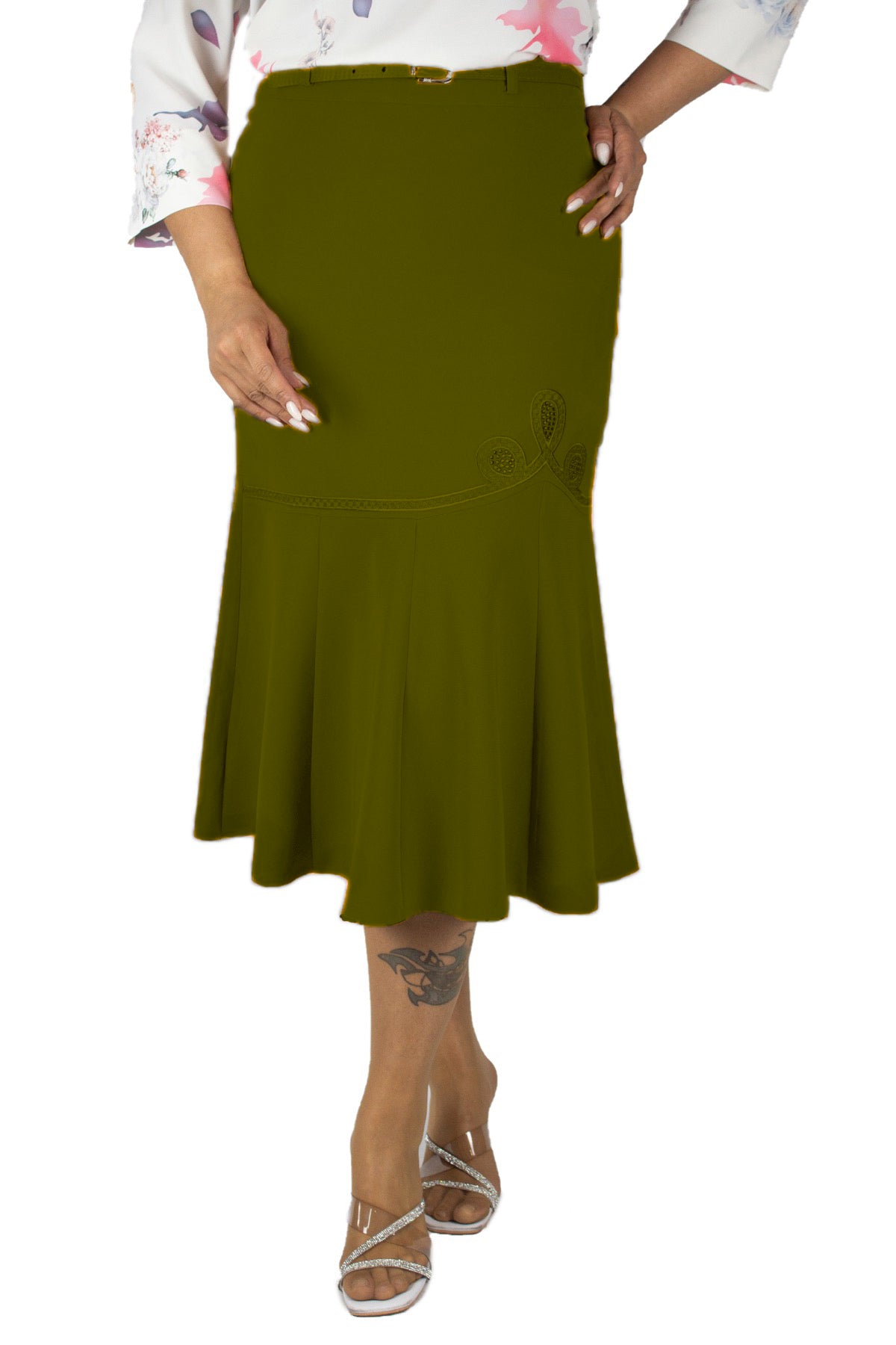 Plus Size Embroidered Fishtail Midi Skirt in Khaki – Lady Fancy wholesale size pack