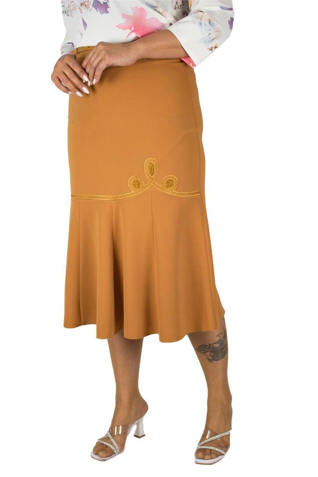Plus Size Embroidered Fishtail Midi Skirt in Mustard – additional product view