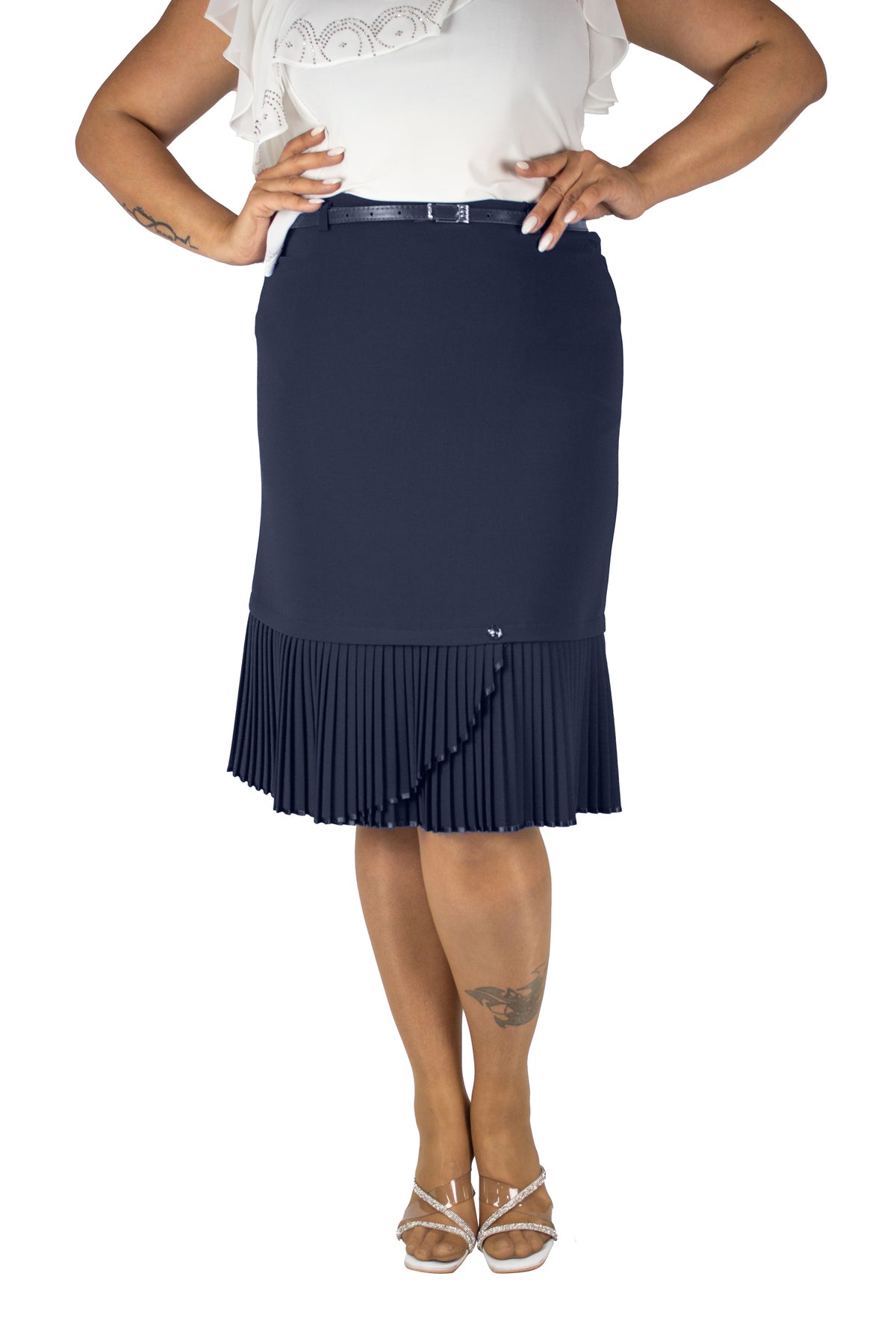 Plus Size Embellished Fine-Pleat Hem Skirt in Navy – Lady Fancy wholesale size pack