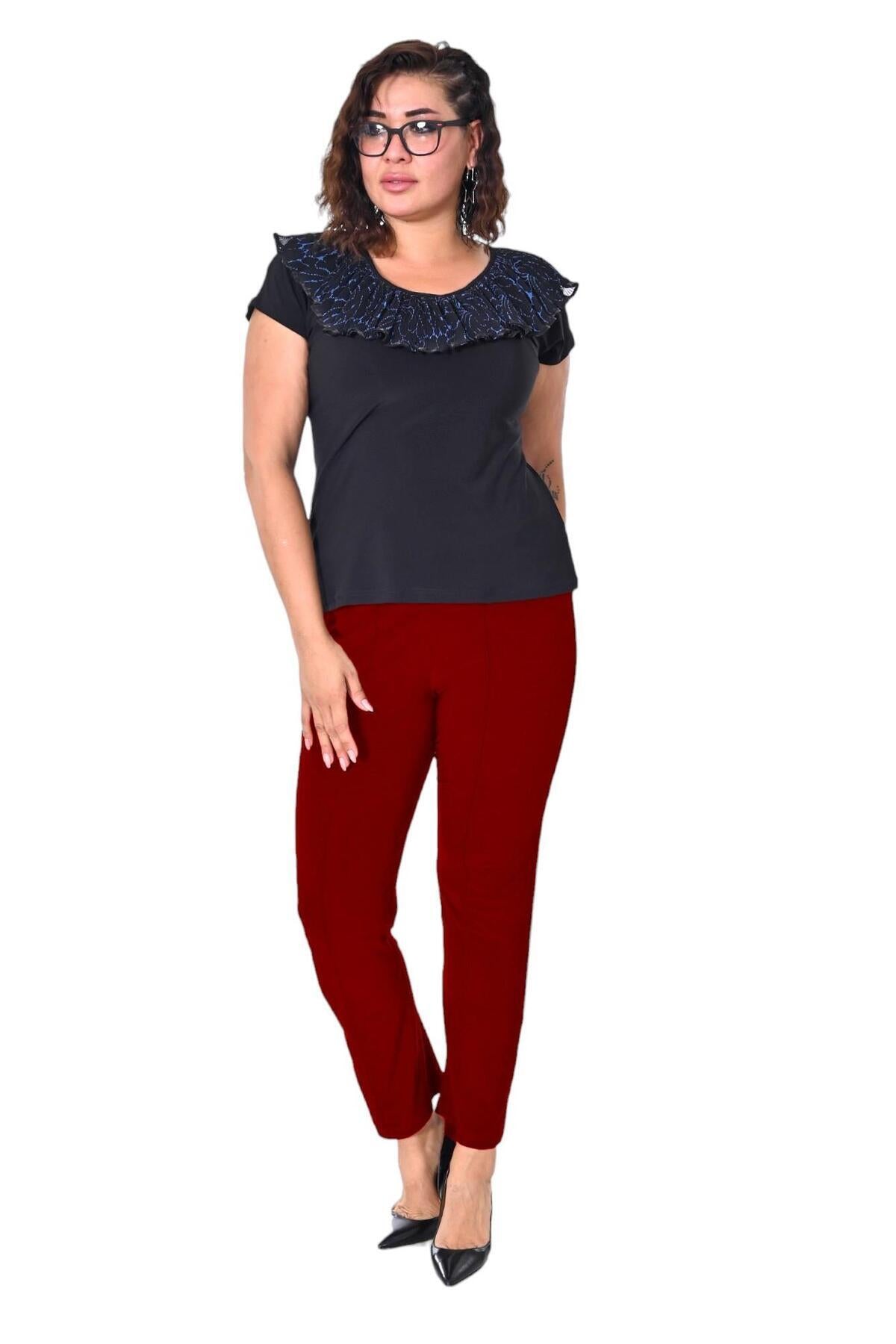 Plus Size Elastic-Waist Straight-Leg Trousers in Burgundy – additional product view