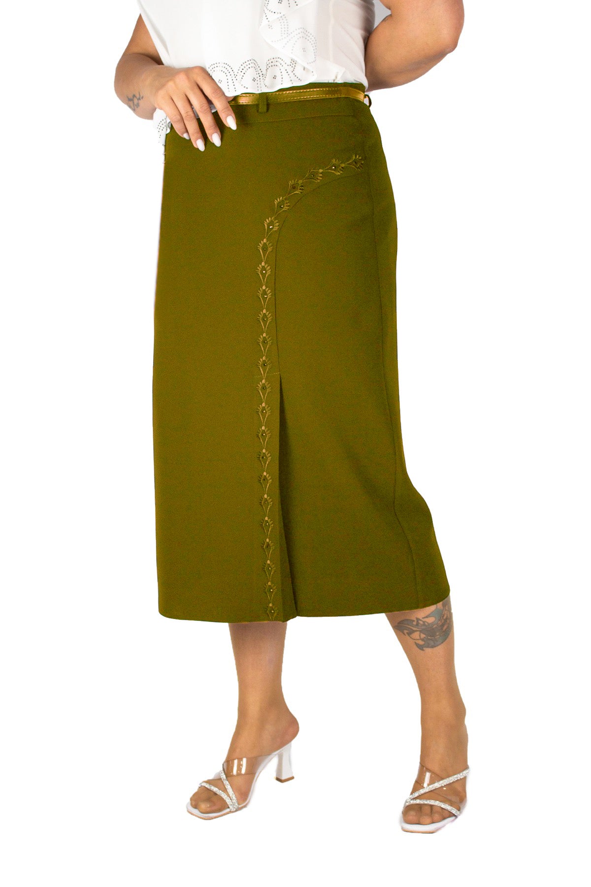 Plus Size Embellished Single-Pleat Midi Skirt in Khaki – additional product view