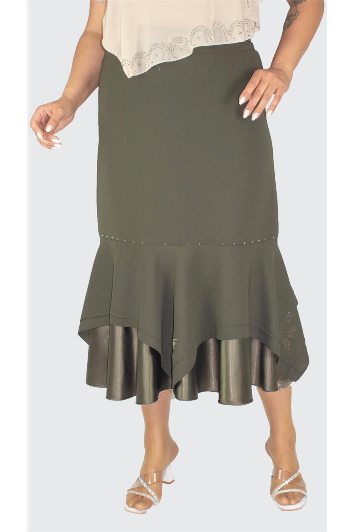 Plus Size Satin-Flounce Embellished Midi Skirt in Khaki – additional product view