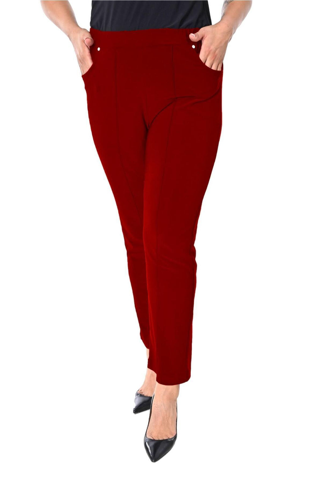 Plus Size Elastic-Waist Straight-Leg Trousers in Burgundy – additional product view