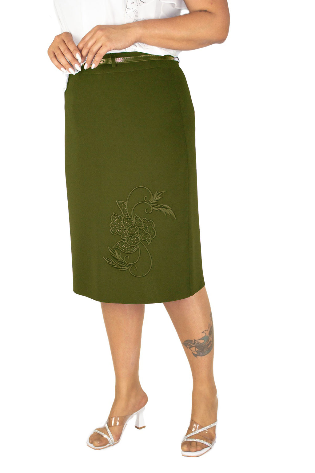 Plus Size Floral Embellished Straight Skirt in Khaki – additional product view