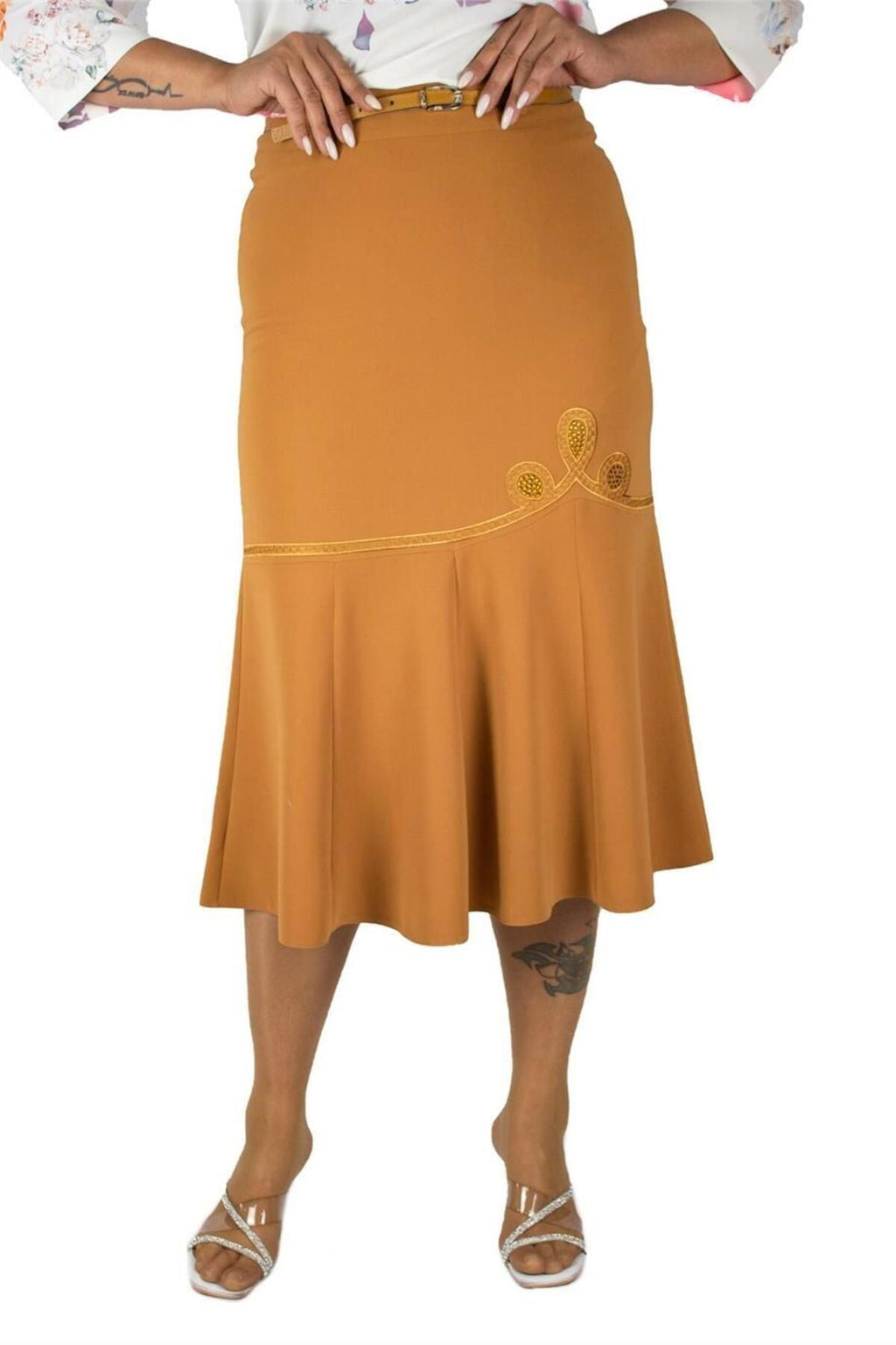 Plus Size Embroidered Fishtail Midi Skirt in Mustard – additional product view