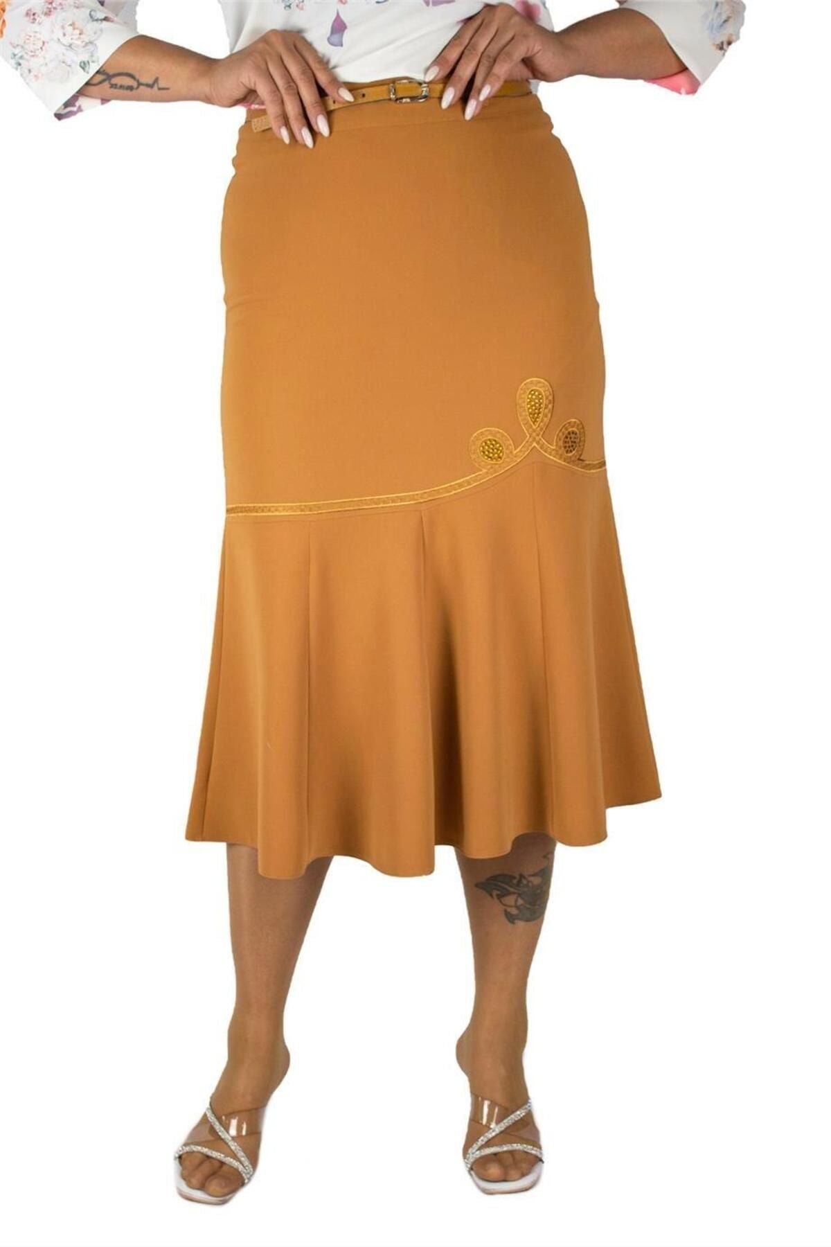 Plus Size Embroidered Fishtail Midi Skirt in Mustard – additional product view