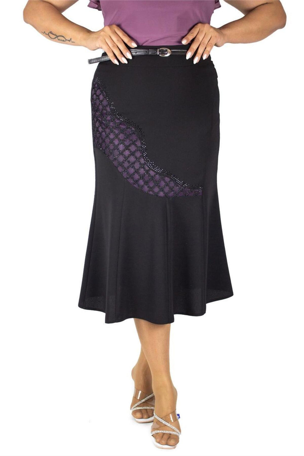 Plus Size Embellished Guipure-Panel Midi Skirt in Black with purple detailing – Lady Fancy wholesale size pack