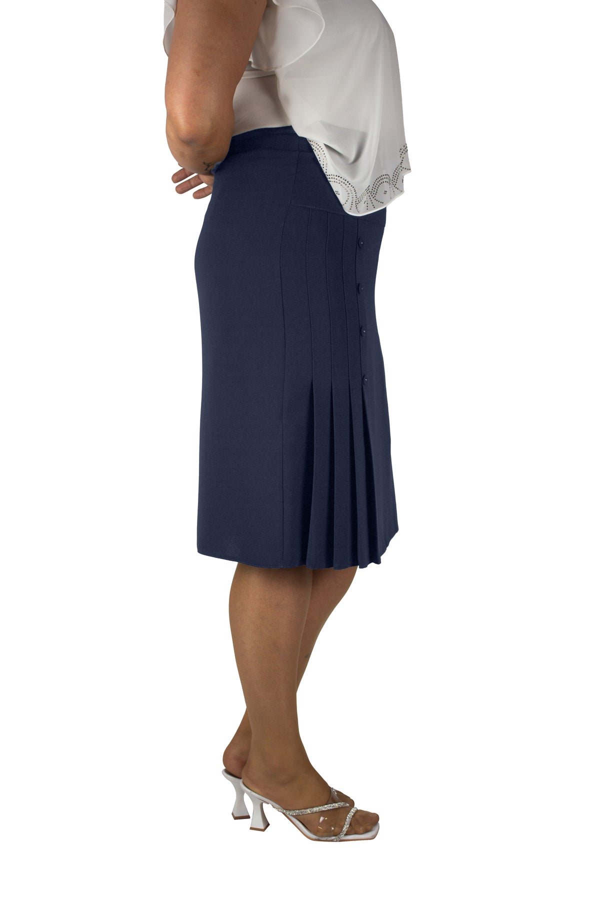 Plus Size Button-Detail Side-Pleat Skirt in Navy – additional product view