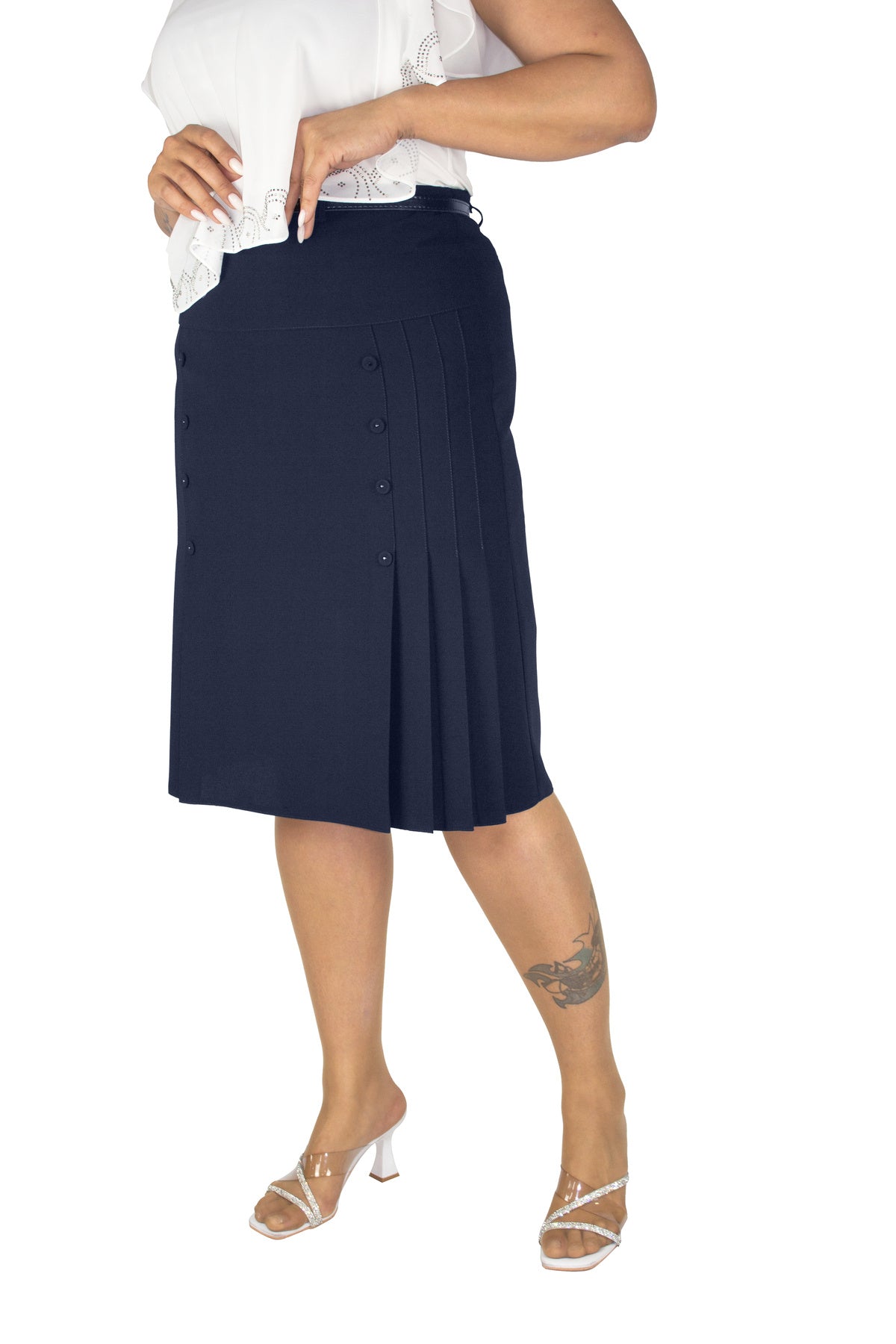 Plus Size Button-Detail Side-Pleat Skirt in Navy – additional product view