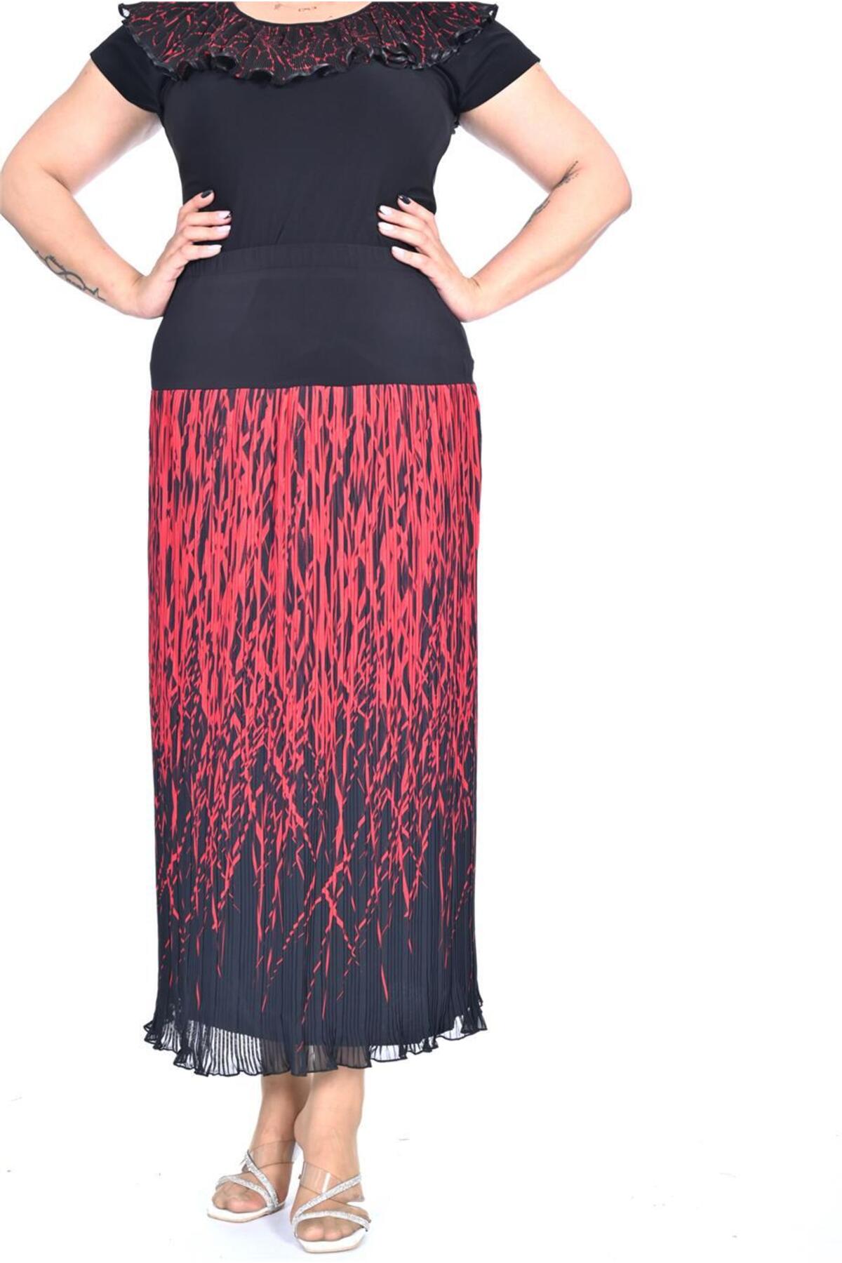 Plus Size Red Branch-Print Long Chiffon Skirt in Red print over a dark base – Lady Fancy wholesale size pack