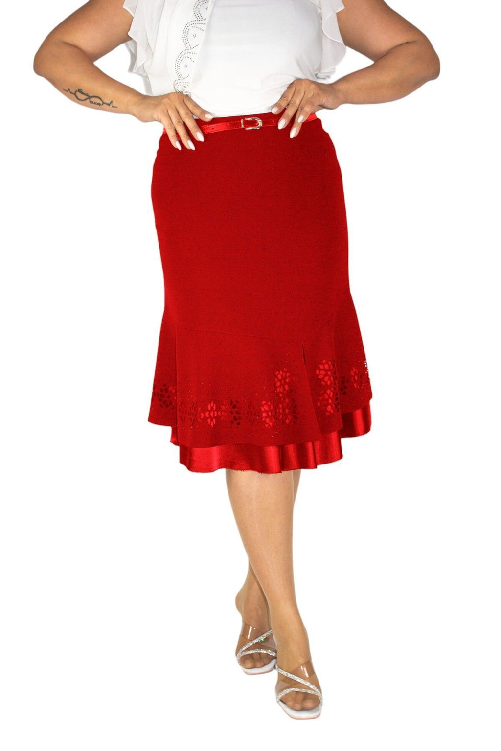 Plus Size Embellished Satin-Flounce Skirt in Red – Lady Fancy wholesale size pack