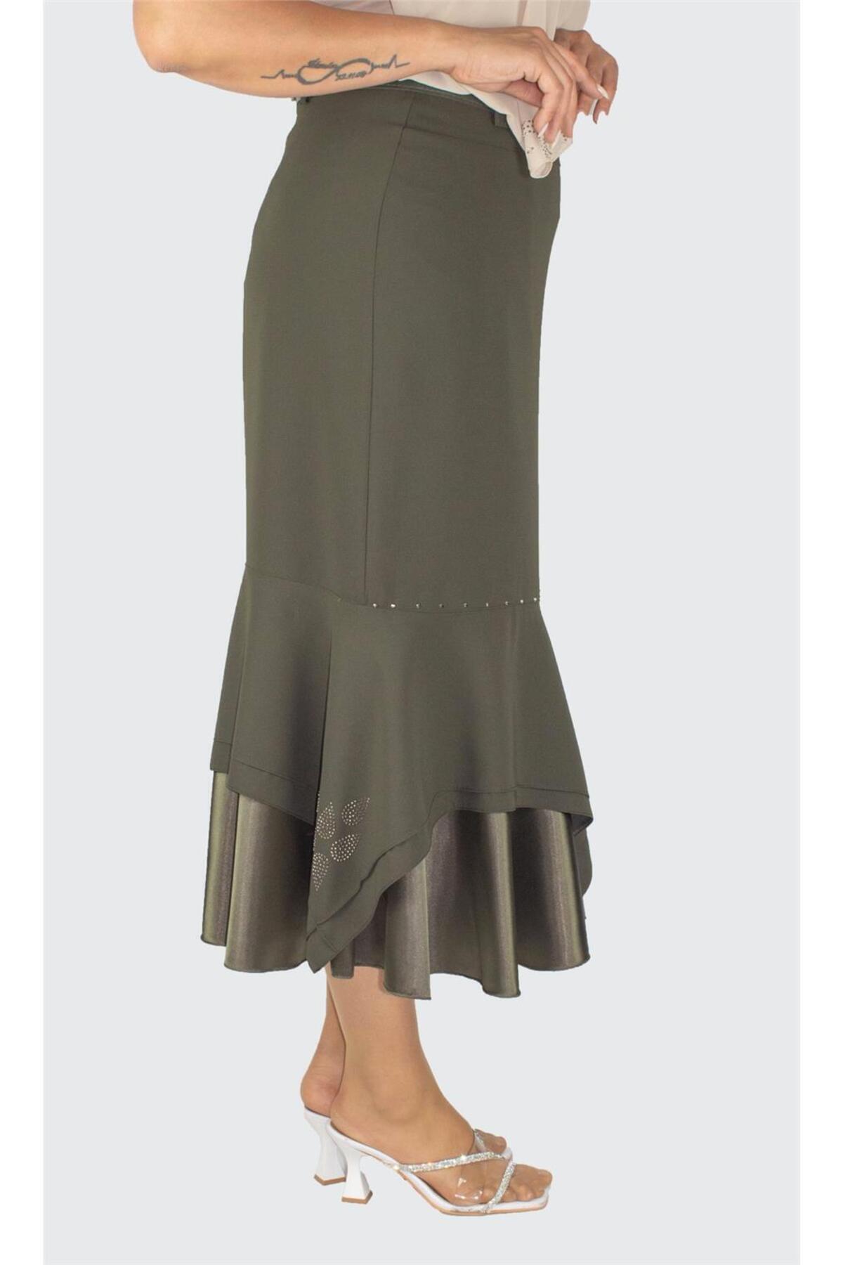 Plus Size Satin-Flounce Embellished Midi Skirt in Khaki – additional product view