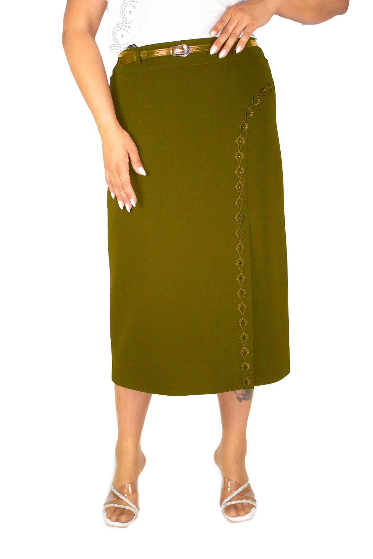 Plus Size Embellished Single-Pleat Midi Skirt in Khaki – Lady Fancy wholesale size pack
