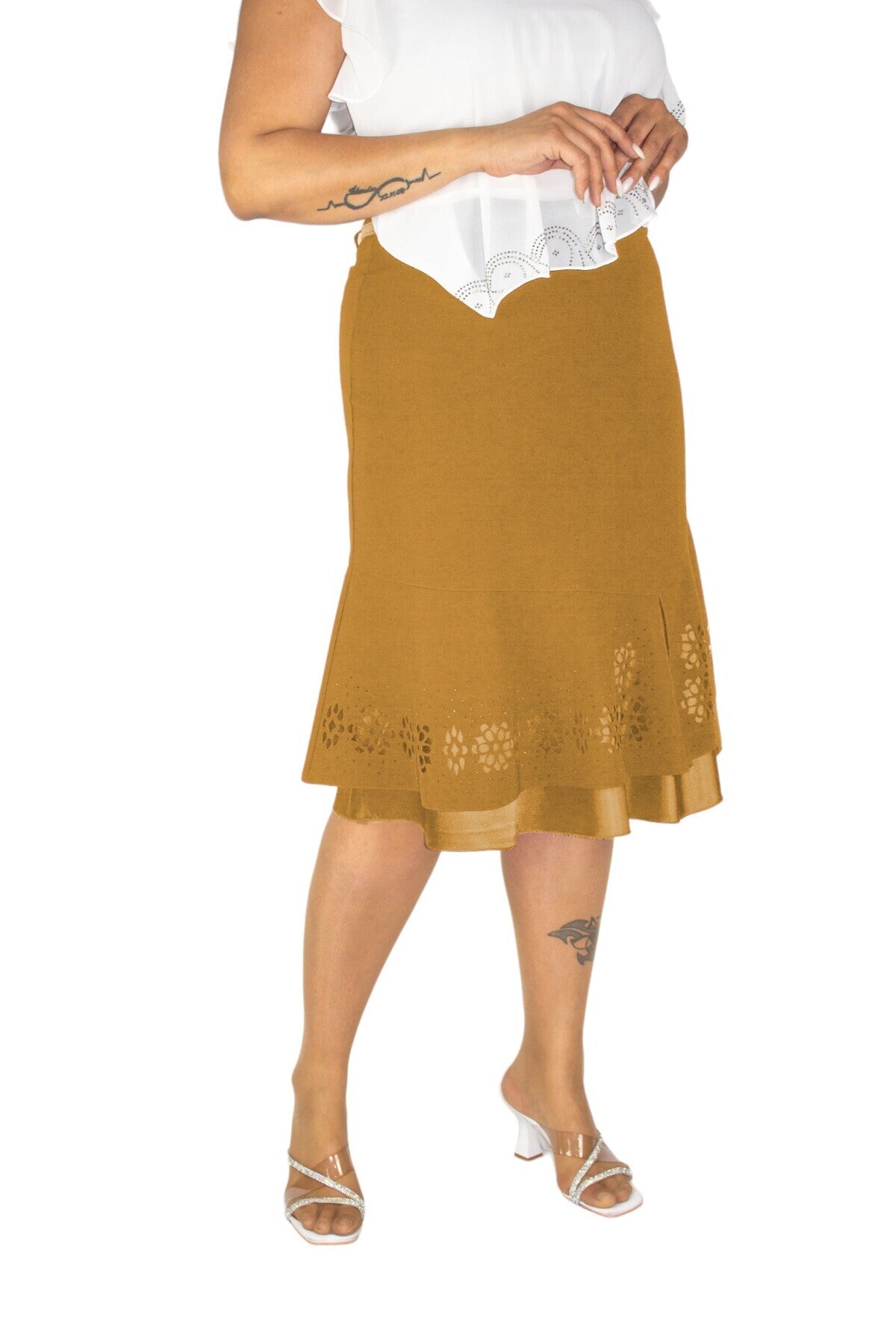 Plus Size Embellished Satin-Flounce Skirt in Mustard – additional product view