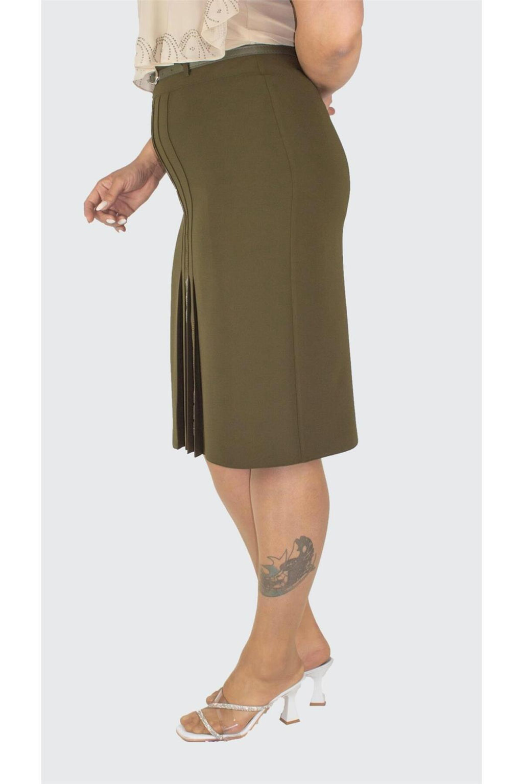 Plus Size Embroidered Four-Pleat Skirt in Khaki – additional product view