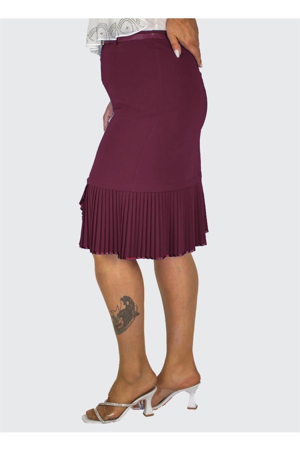 Plus Size Embellished Fine-Pleat Hem Skirt in Burgundy – additional product view