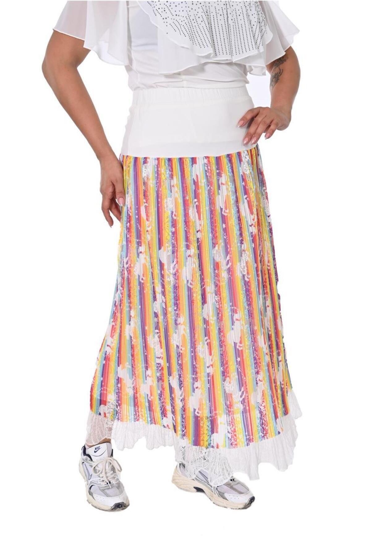 Plus Size Lace-Trim Printed Tulle Skirt in Multicolour with white details – additional product view