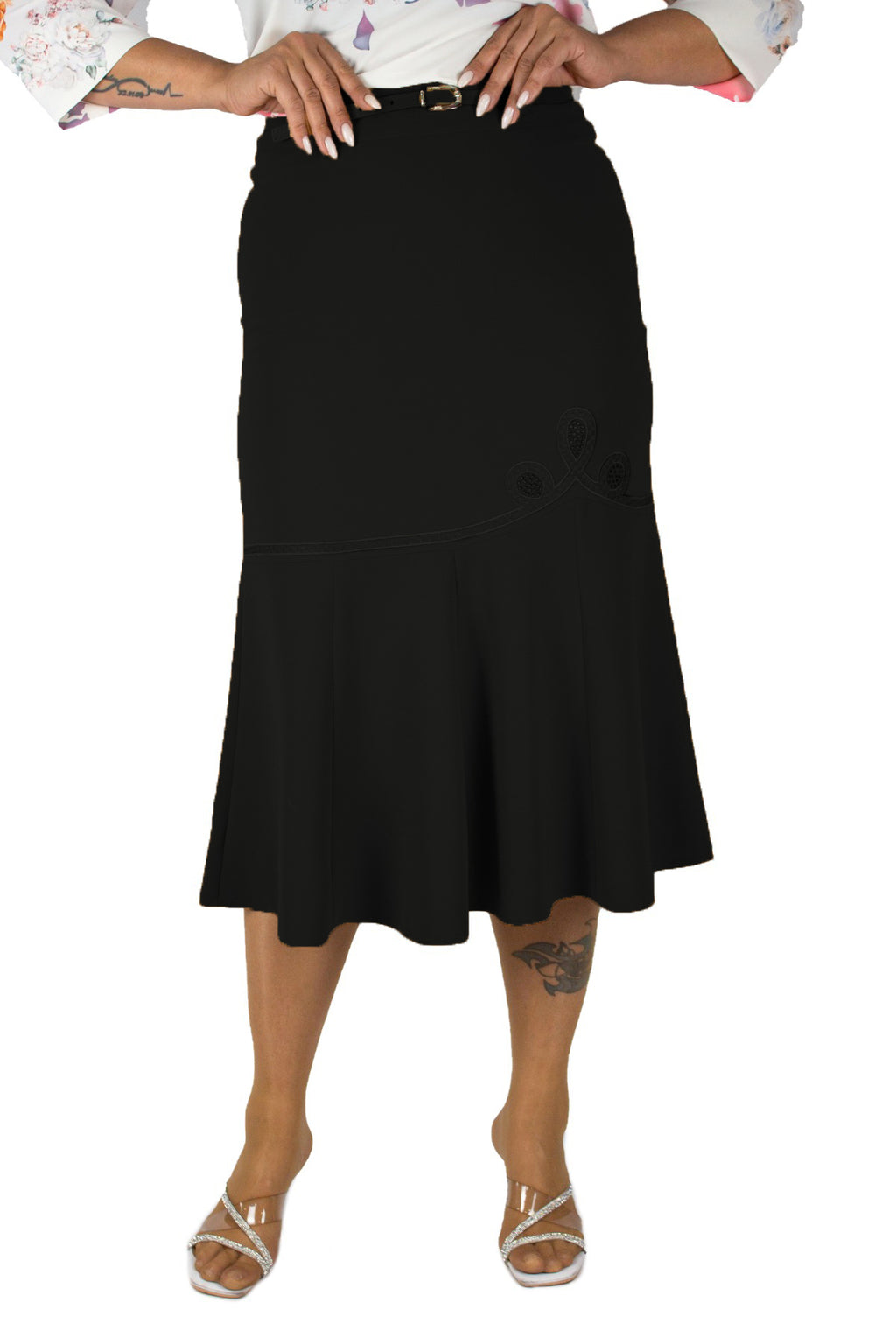 Plus Size Embroidered Fishtail Midi Skirt in Black – additional product view