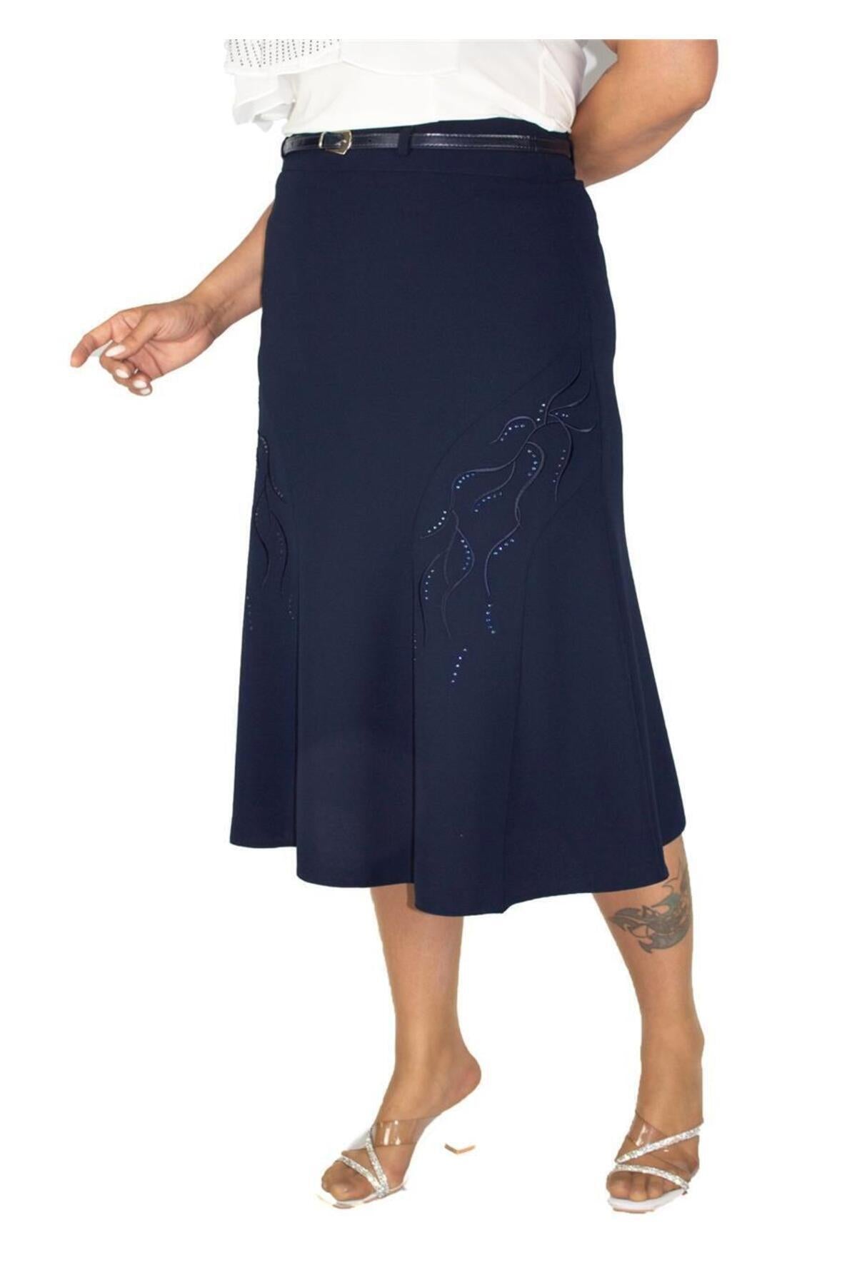 Plus Size Botanical Embroidered Flared Skirt in Navy – additional product view