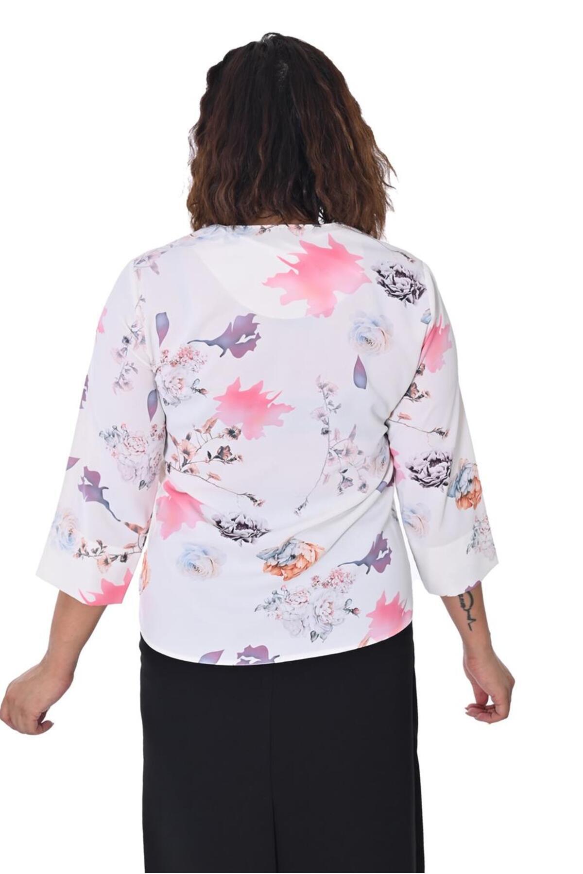 Plus Size Floral Three-Quarter Sleeve Blouse in White with multicolour floral print – additional product view