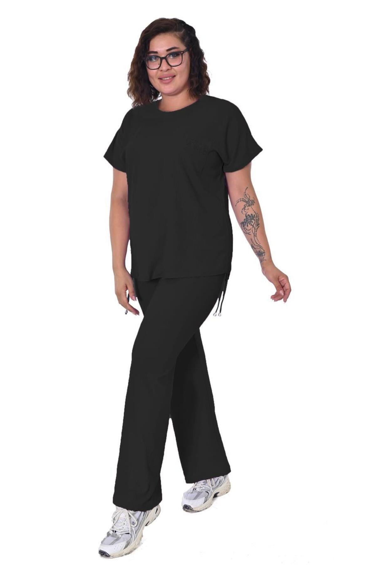 Plus Size Short-Sleeve Embellished Tracksuit in Black – additional product view