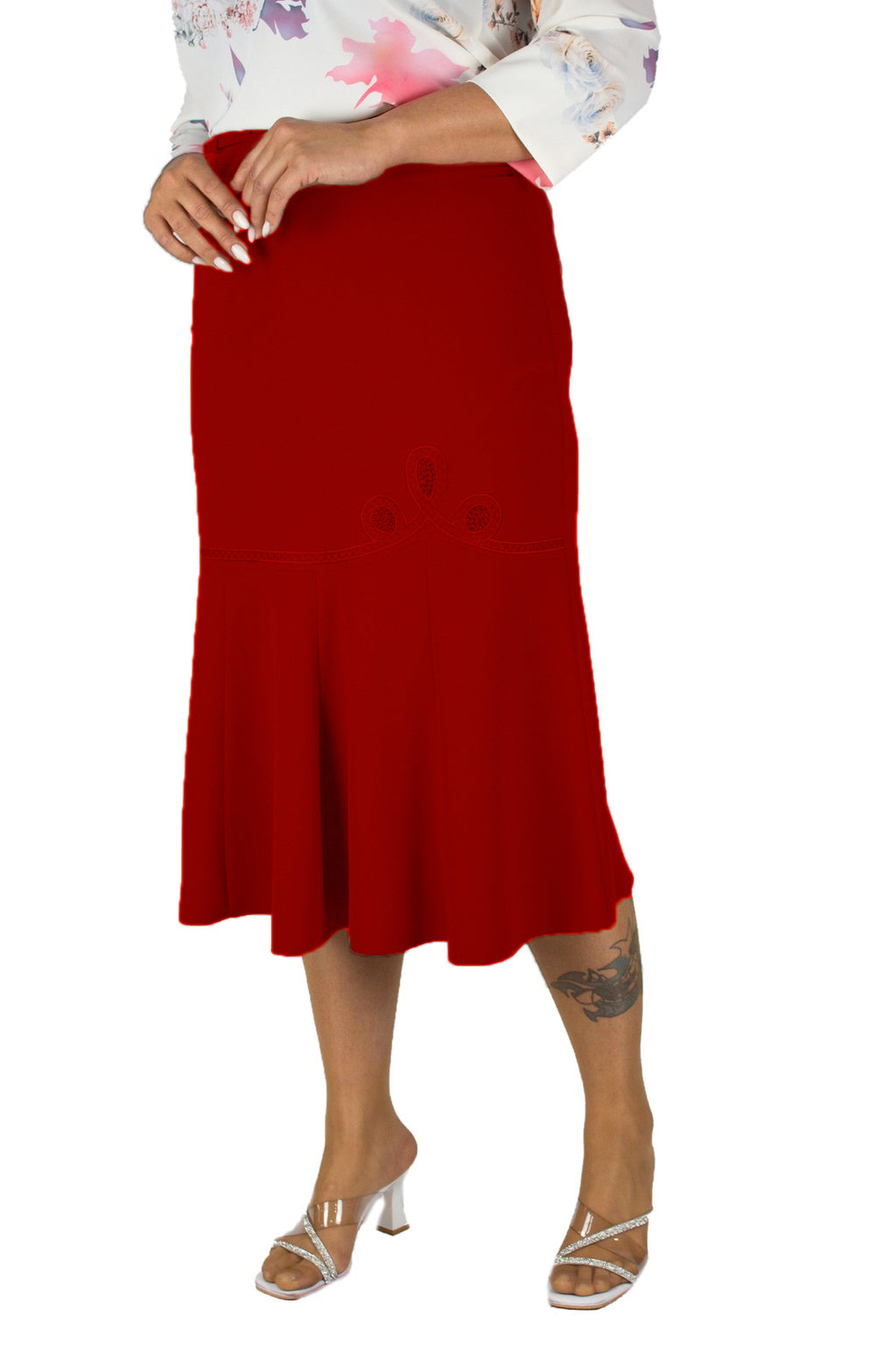 Plus Size Embroidered Fishtail Midi Skirt in Burgundy – additional product view