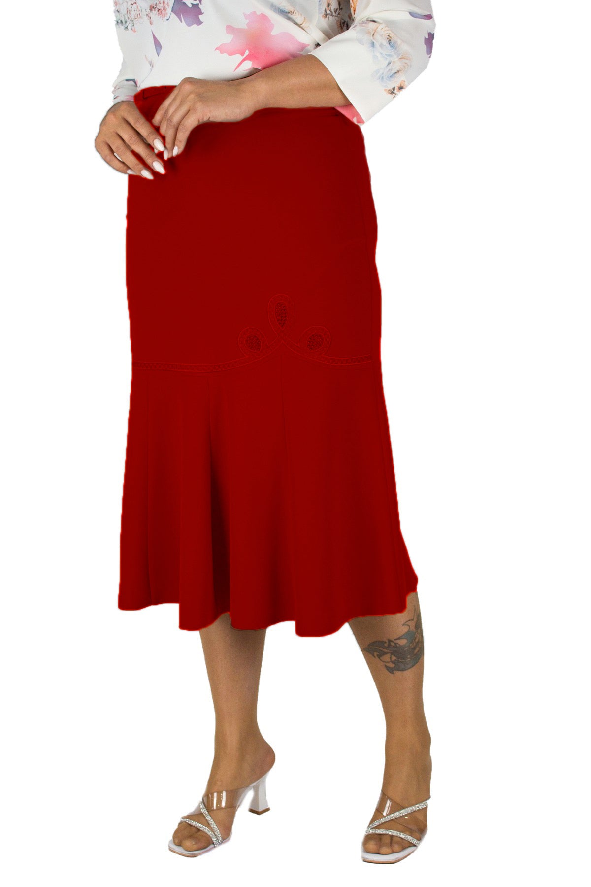 Plus Size Embroidered Fishtail Midi Skirt in Burgundy – additional product view