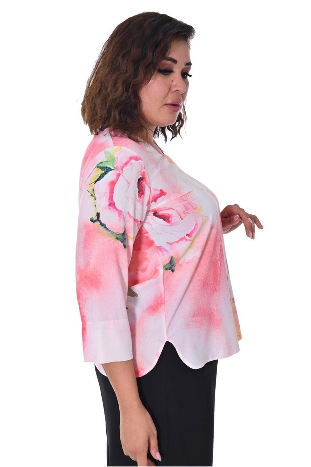 Plus Size Floral Three-Quarter Sleeve Blouse in Pink floral print – additional product view