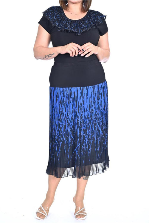 Plus Size Blue Branch-Print Pleated Chiffon Skirt in Blue print over a dark base – Lady Fancy wholesale size pack