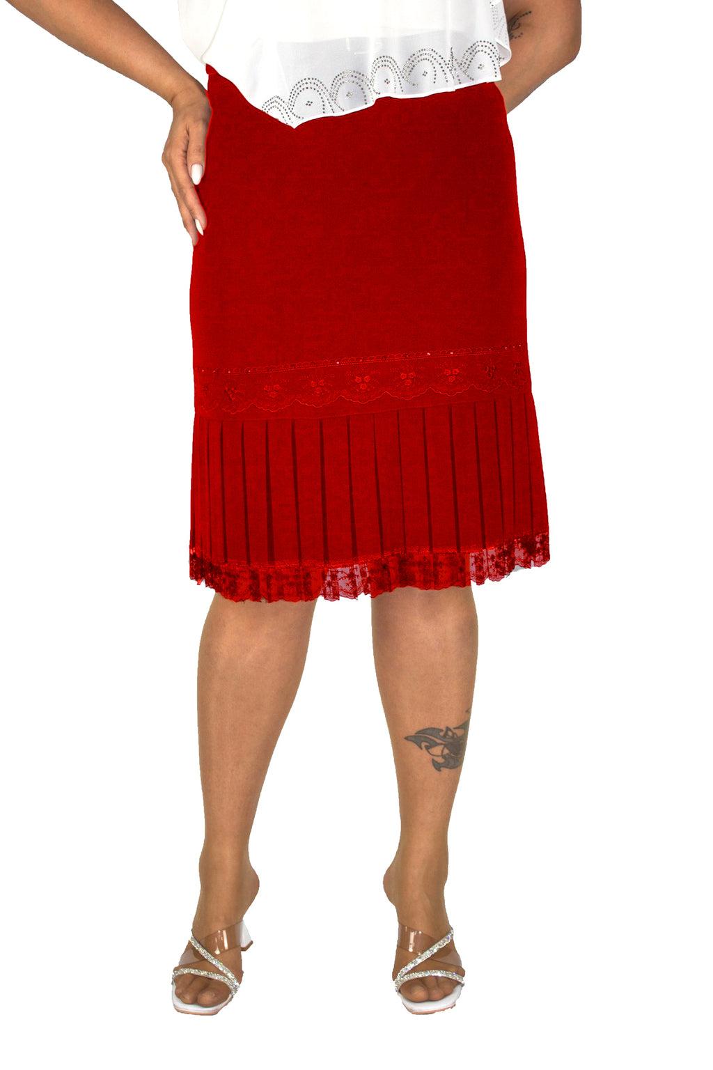 Plus Size Lace-Trim Pleated Skirt in Red – additional product view