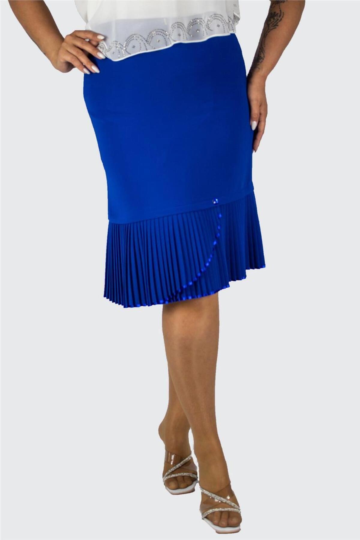 Plus Size Embellished Fine-Pleat Hem Skirt in Blue – additional product view
