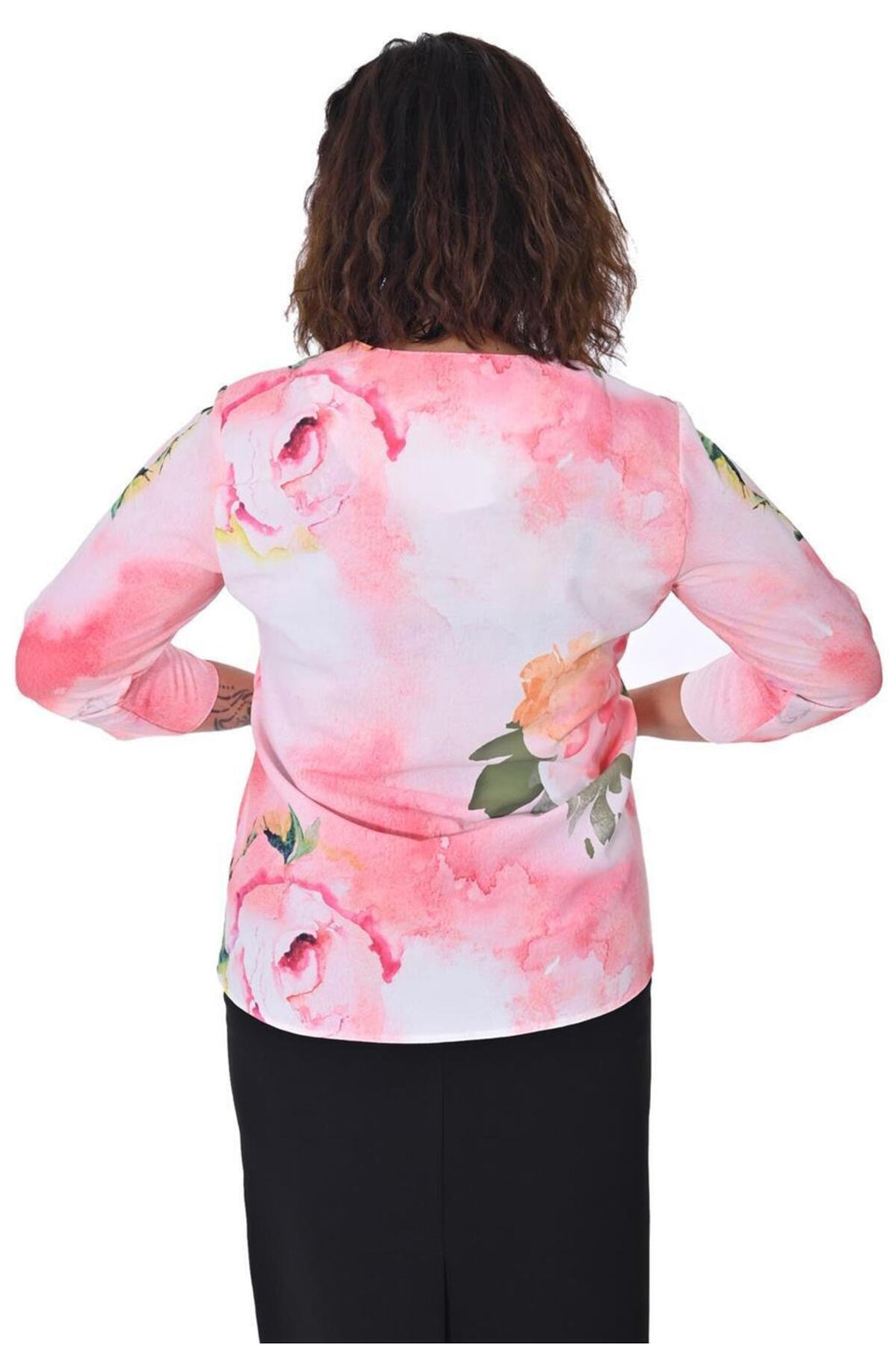 Plus Size Floral Three-Quarter Sleeve Blouse in Pink floral print – additional product view