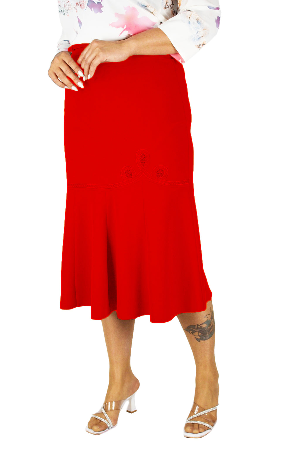 Plus Size Embroidered Fishtail Midi Skirt in Red – additional product view