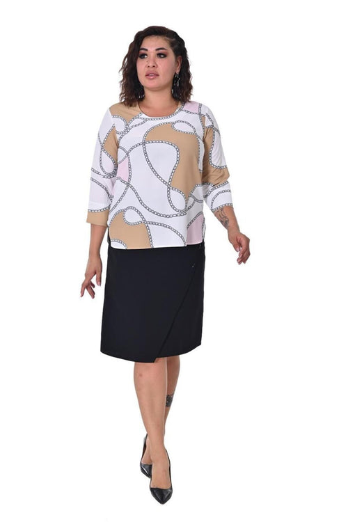 Plus Size Chain-Print Three-Quarter Sleeve Blouse in White with beige and dark chain print – additional product view