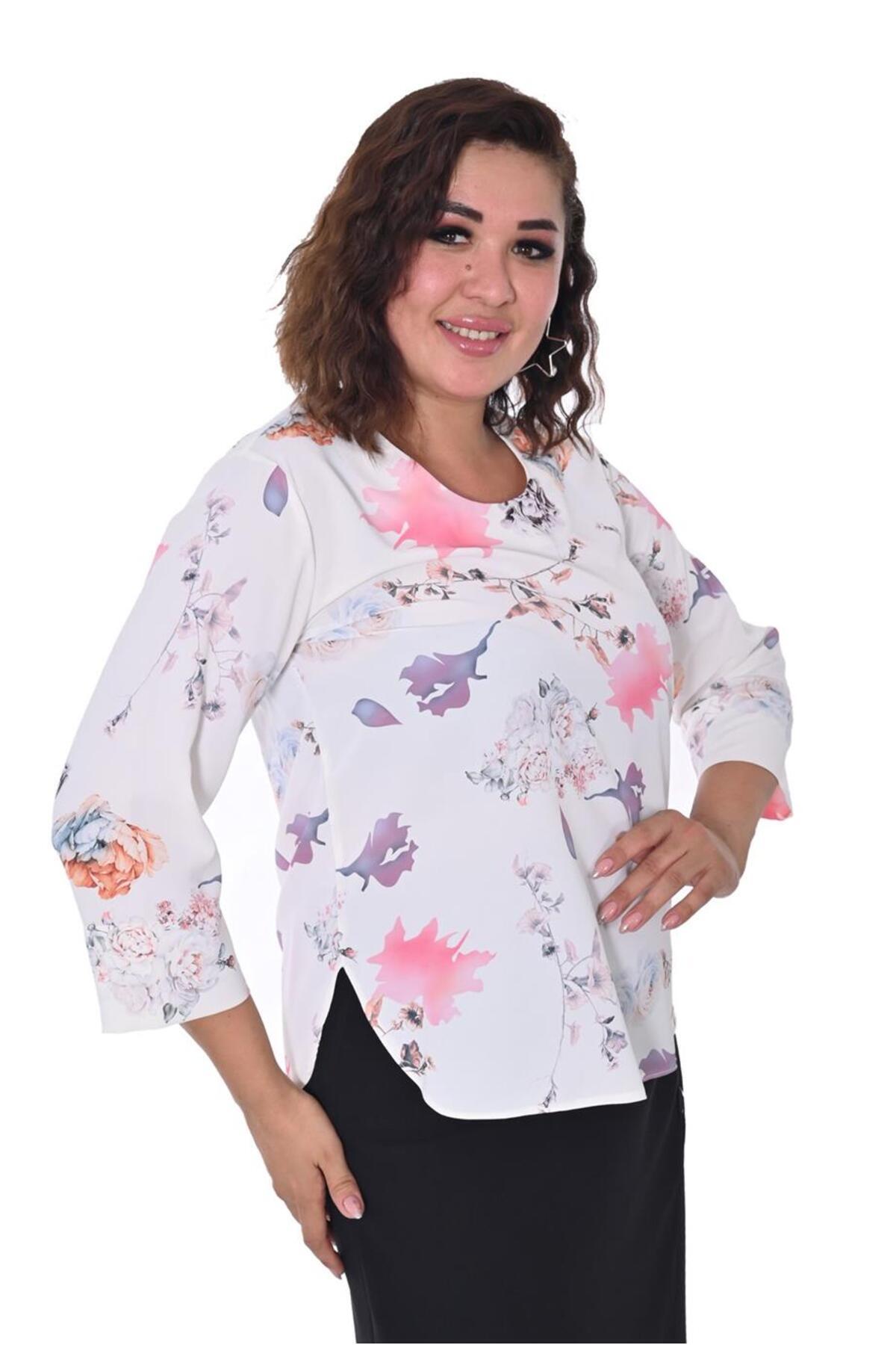 Plus Size Floral Three-Quarter Sleeve Blouse in White with multicolour floral print – additional product view