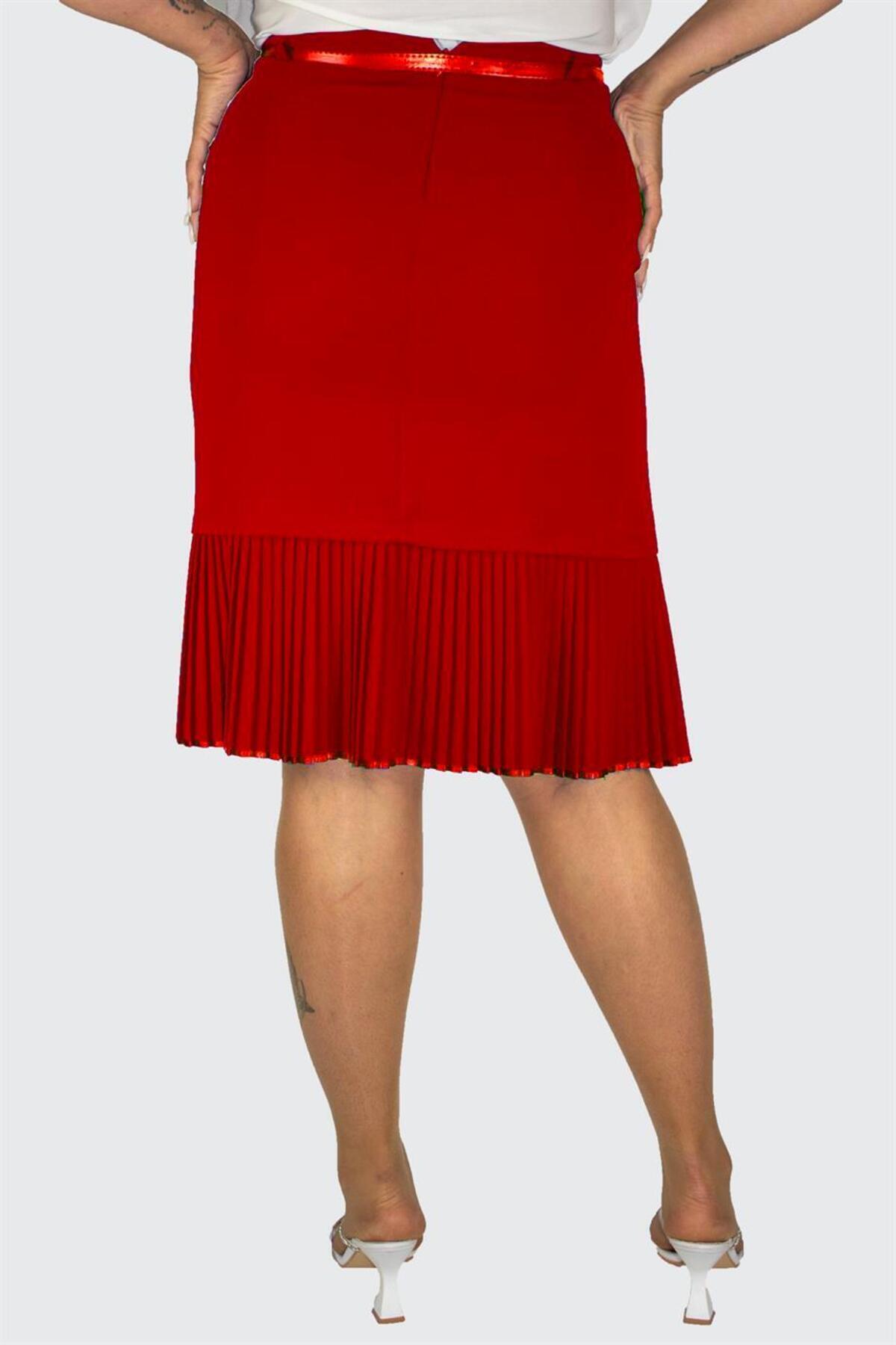 Plus Size Embellished Fine-Pleat Hem Skirt in Red – additional product view