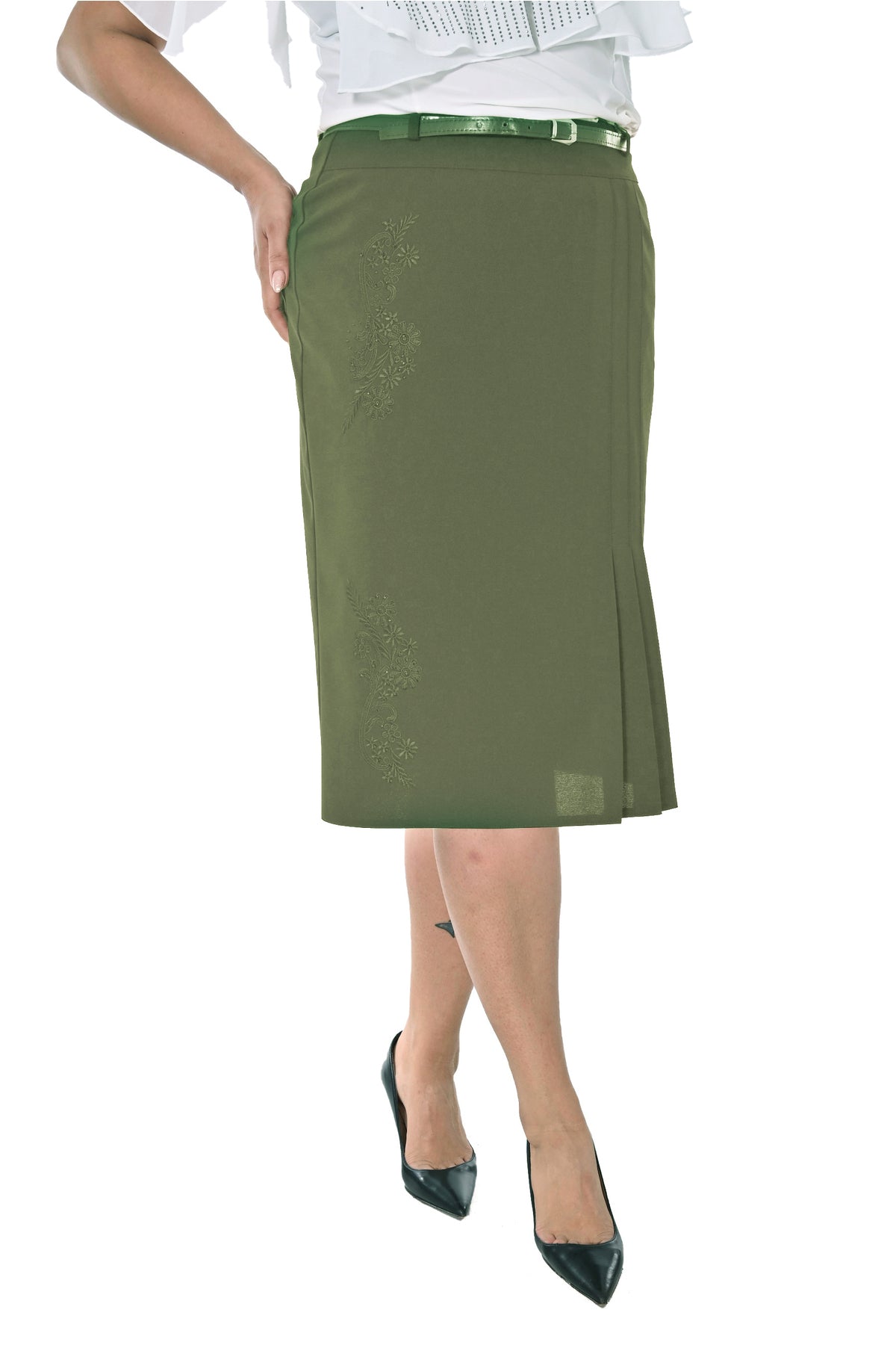 Plus Size Floral Embellished Pleat-Detail Skirt in Khaki – additional product view